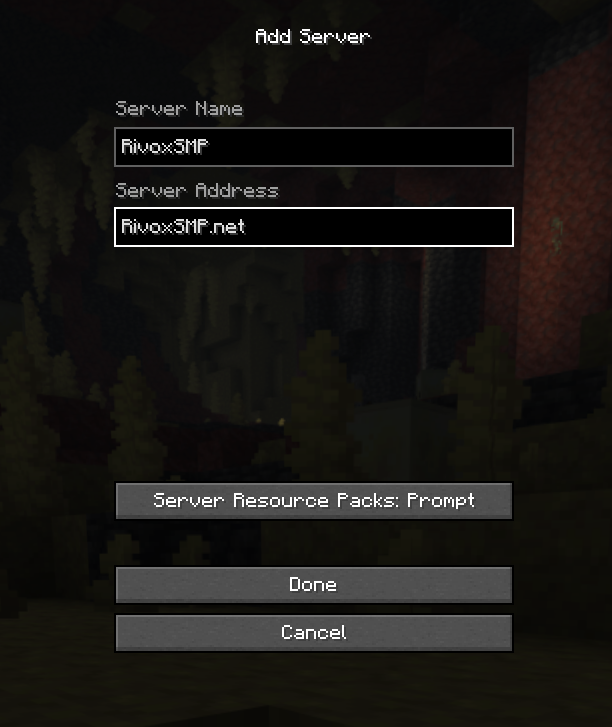 Minecraft Add Server screen: Server Name RivoxSMP, Server Address RivoxSMP.net