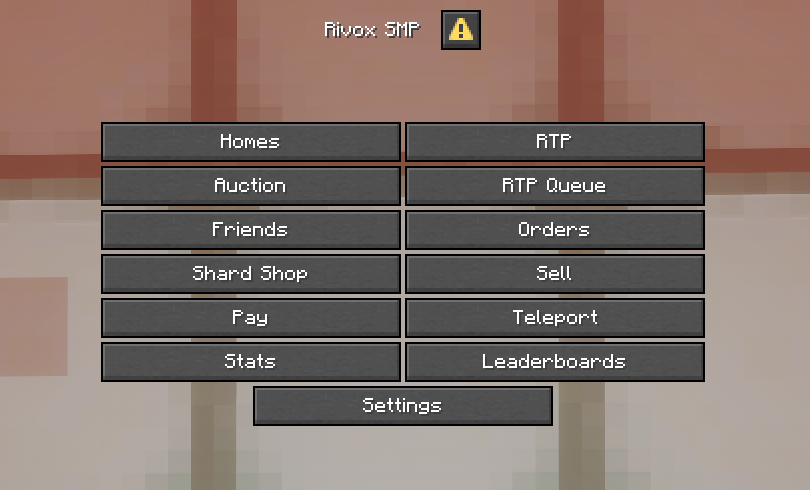 Rivox SMP menu with homes, RTP, auction, friends, orders, sell and settings