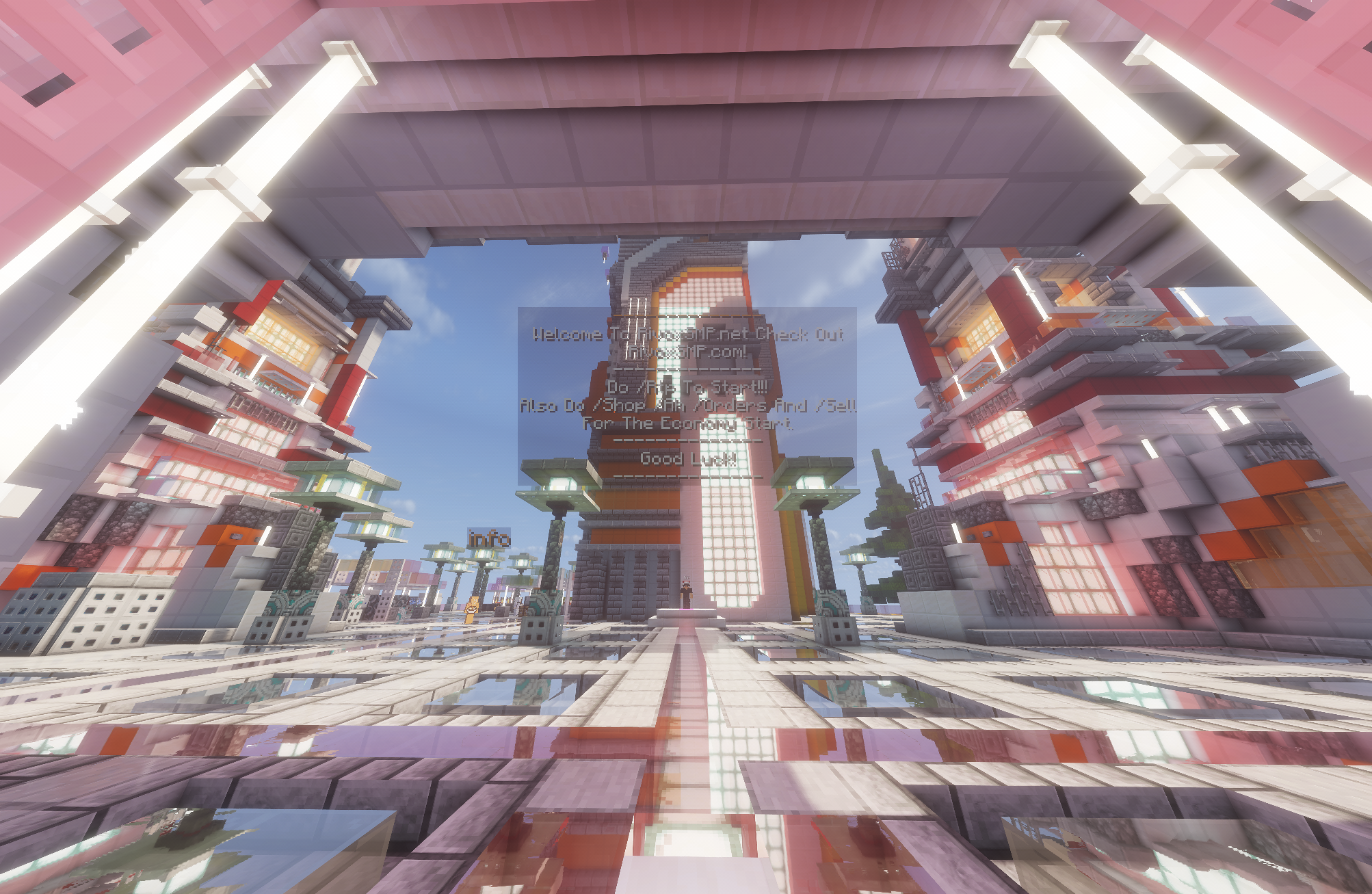 RivoxSMP spawn with glowing towers and a reflective plaza
