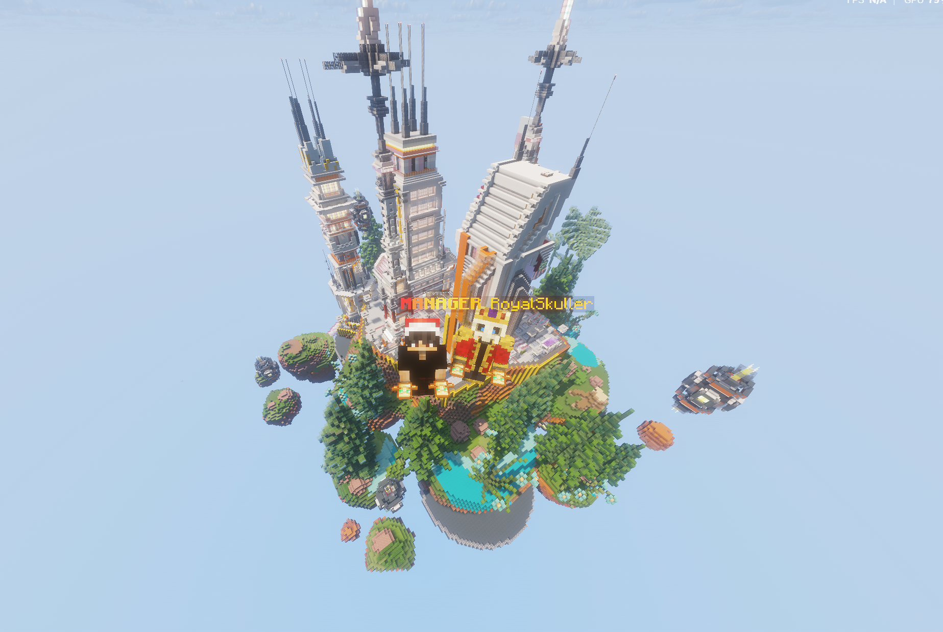 itsrivox and RoyalSkuller above the floating RivoxSMP spawn island