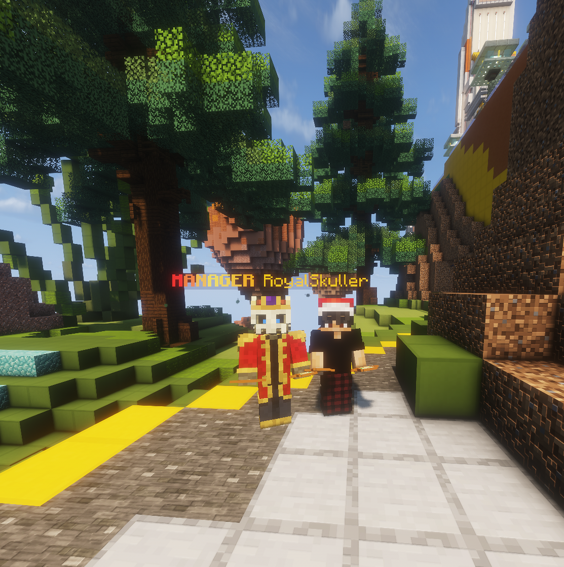 RoyalSkuller in a crown and red robes beside itsrivox at spawn